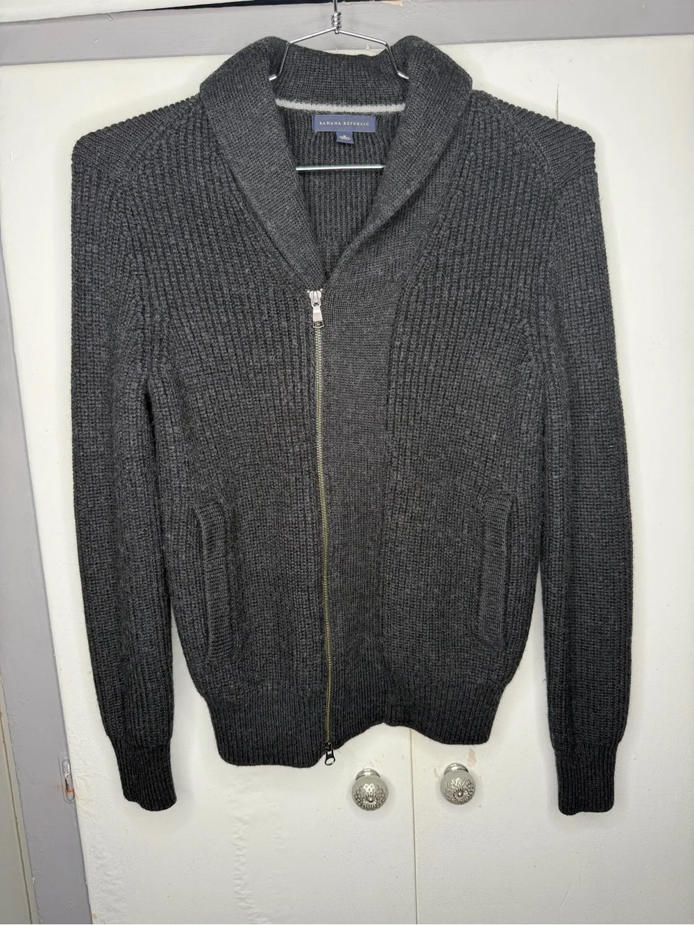 Banana Republic Men Dark Gray Shawl Full Zip Cardigan Sweater Small Merino wool